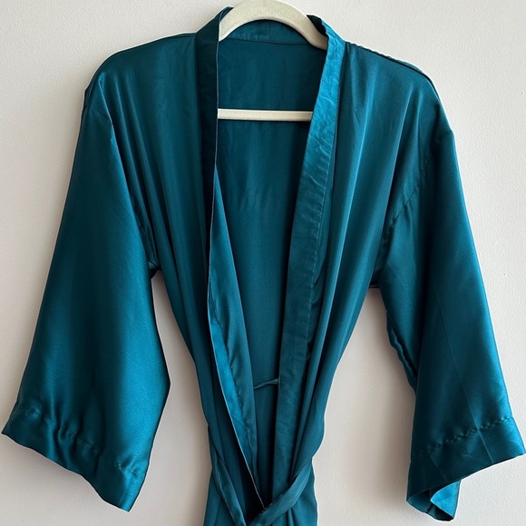 Bridesmaid Teal and Gold Silky Bathrobe, Size S/M - Picture 1 of 15